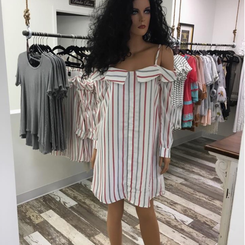 Off Shoulder Pin Stripe Collar Button Up Dress